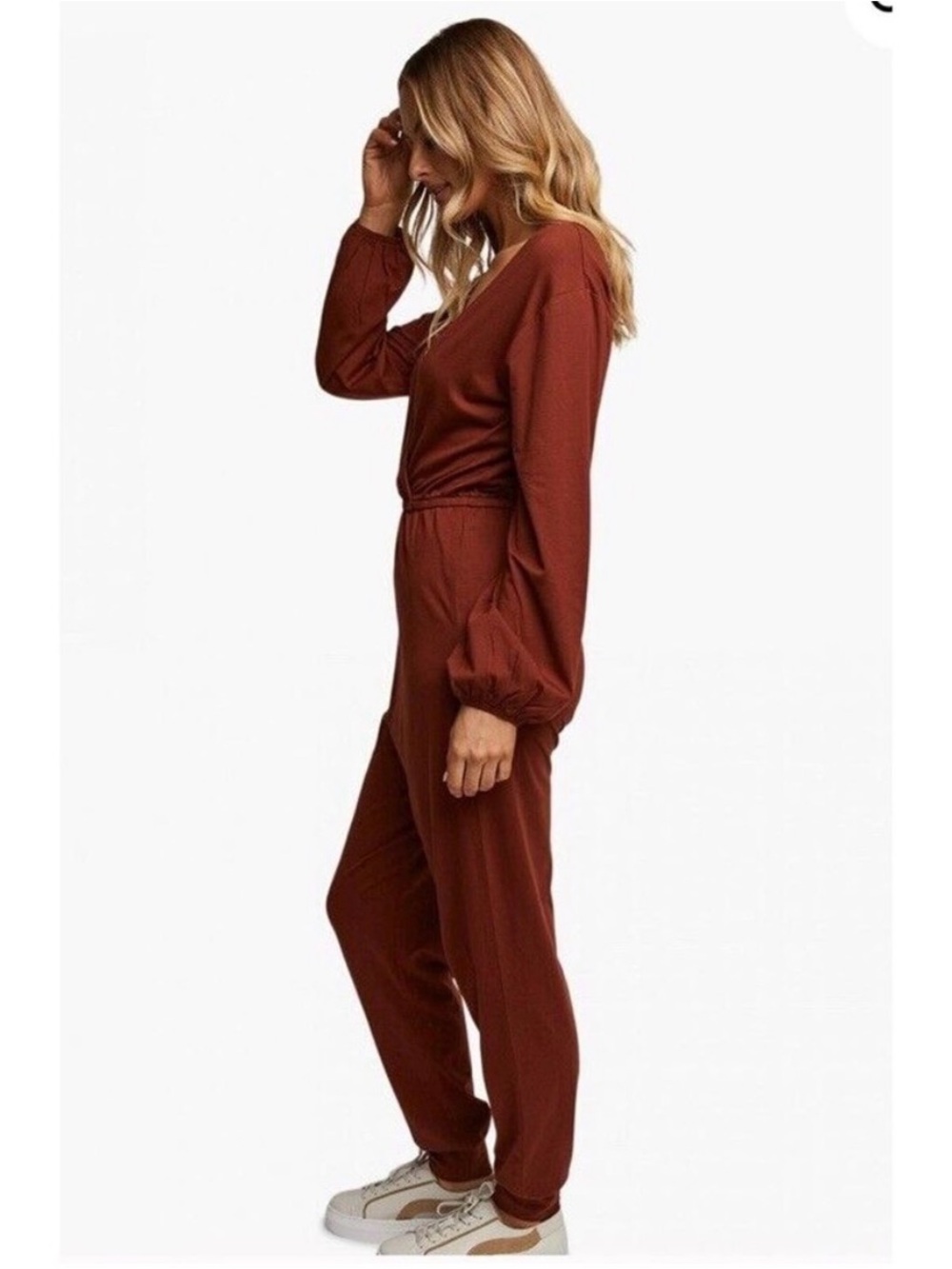 ABLE Sally Knit Long Sleeve Jumpsuit Cherry Mahogany M $138 Clean Girl Capsule